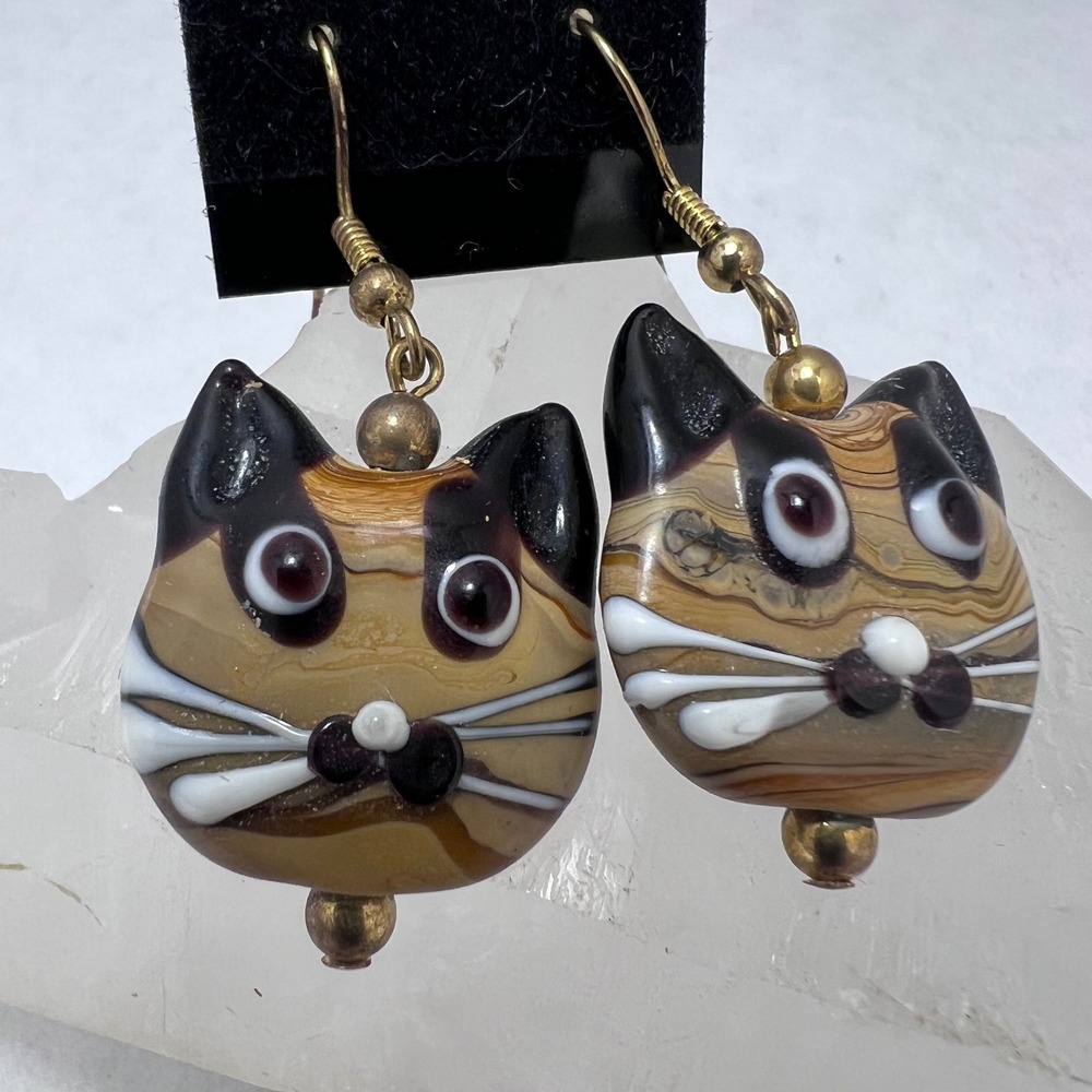 Artisan Lampwork Glass Siamese Cat Earrings Brown Tan Swirl Whimsical Novelty